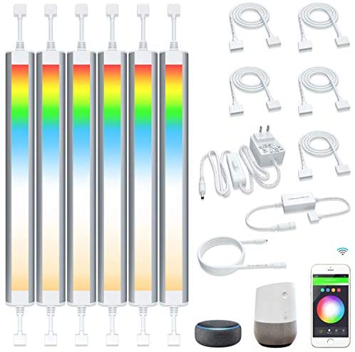 Smart Under Cabinet Lighting Strip Lights White & Color Changing Dimmable Work with Alexa Google Smart Thing Phone App, RGB Multi Colored WiFi Lamp for Kitchen Counter Light Fixture (6 Lights Bar Kit)
